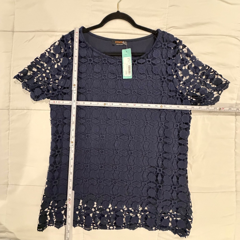 Renee C Crochet Top Women XL Navy NEW Short Sleeve Geometric Lace Blouse - Picture 9 of 16